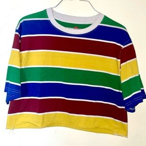 Zine Women’s Stripe Cropped T-shirt size Large Blue Yellow Green